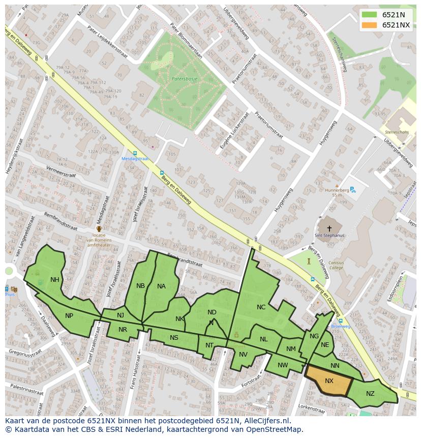 Afbeelding van het postcodegebied 6521 NX op de kaart.