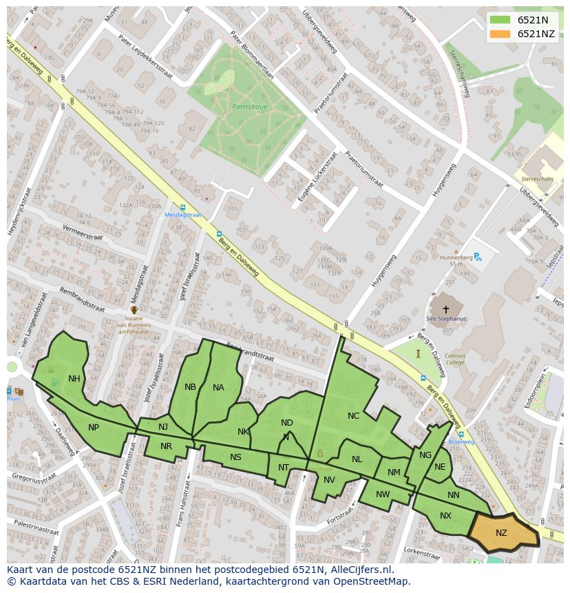 Afbeelding van het postcodegebied 6521 NZ op de kaart.