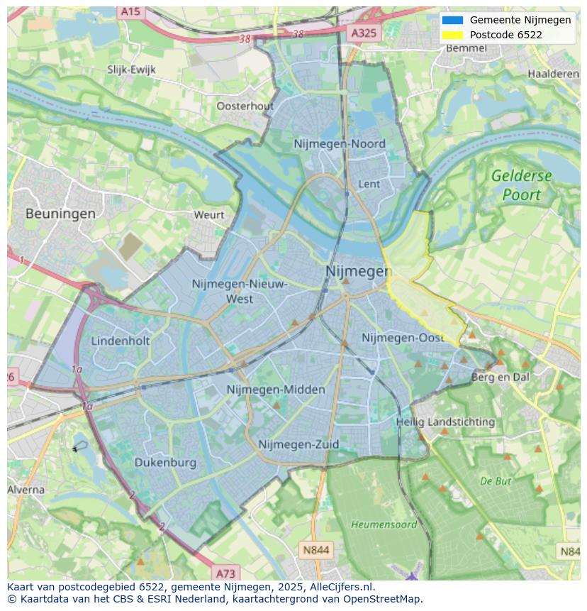 Afbeelding van het postcodegebied 6522 op de kaart.