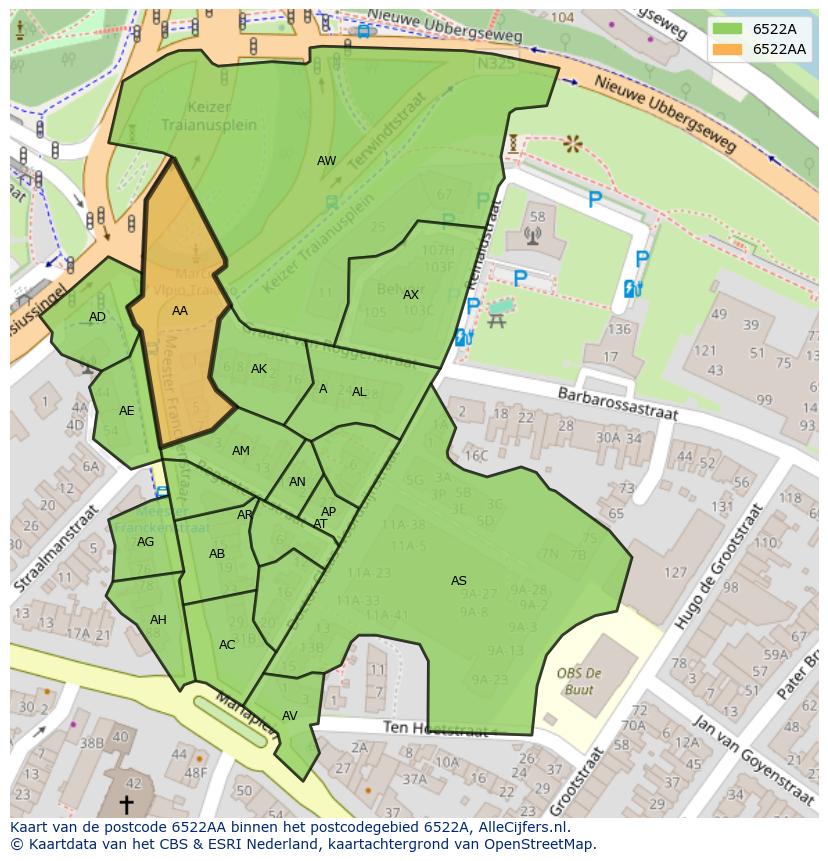 Afbeelding van het postcodegebied 6522 AA op de kaart.