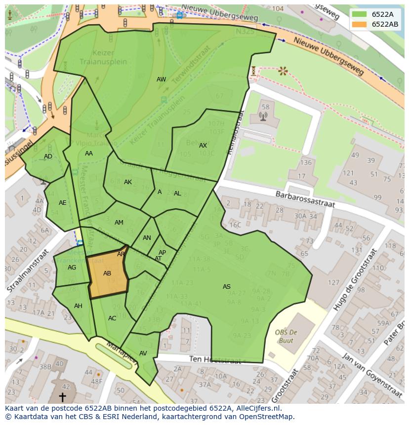 Afbeelding van het postcodegebied 6522 AB op de kaart.