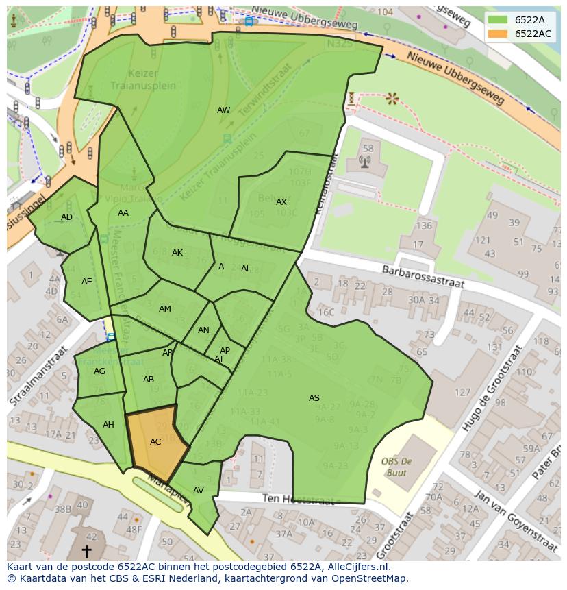 Afbeelding van het postcodegebied 6522 AC op de kaart.