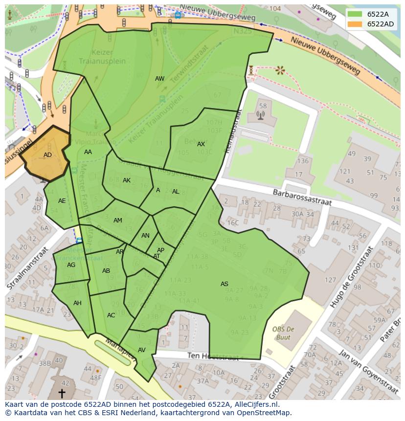 Afbeelding van het postcodegebied 6522 AD op de kaart.