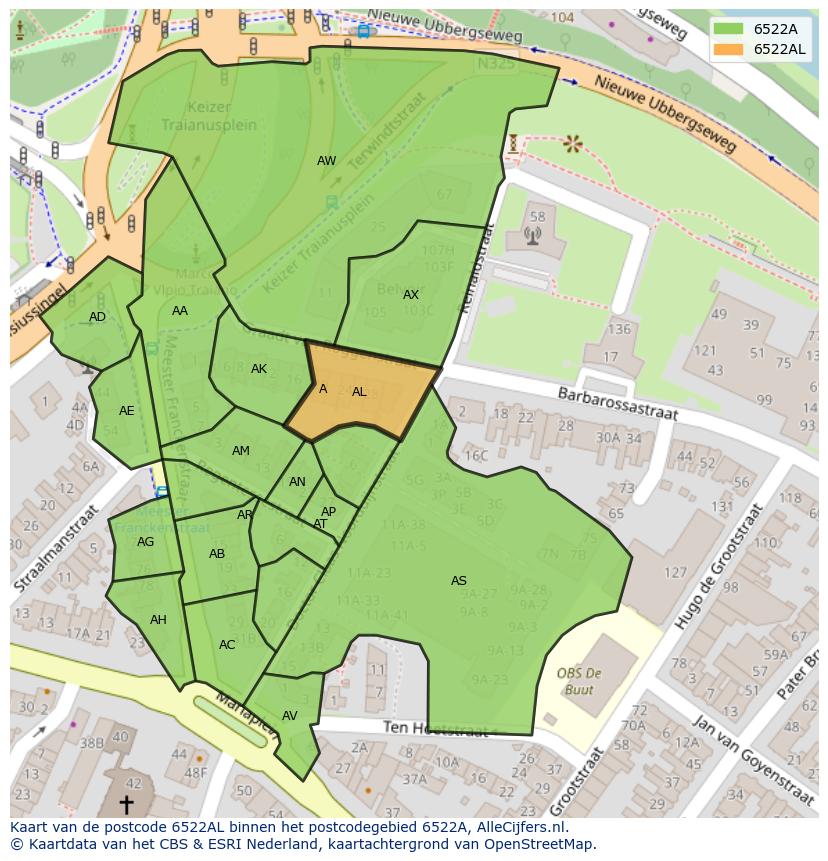 Afbeelding van het postcodegebied 6522 AL op de kaart.