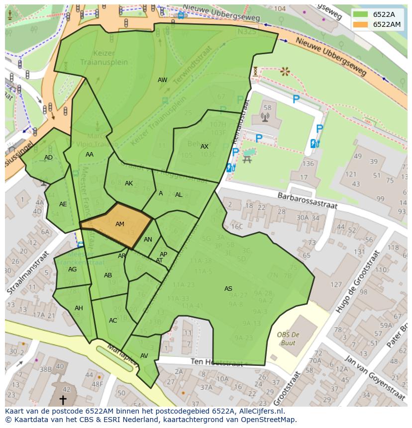 Afbeelding van het postcodegebied 6522 AM op de kaart.