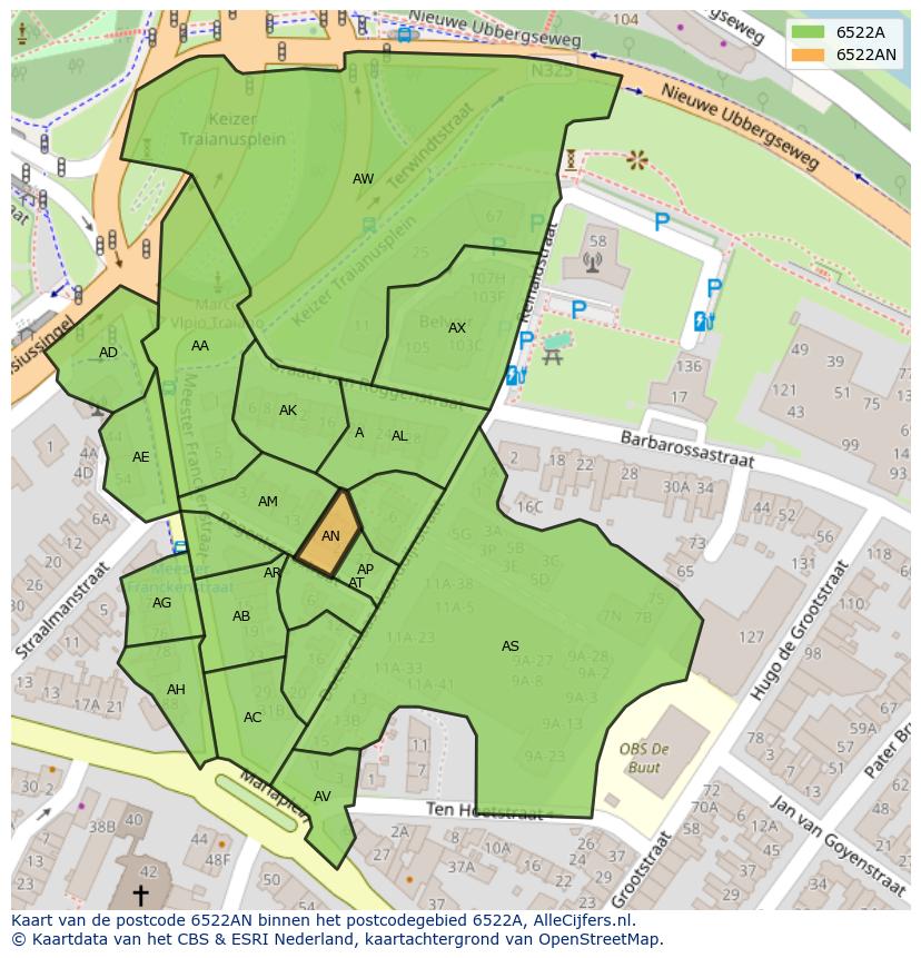 Afbeelding van het postcodegebied 6522 AN op de kaart.