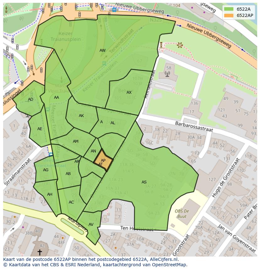 Afbeelding van het postcodegebied 6522 AP op de kaart.