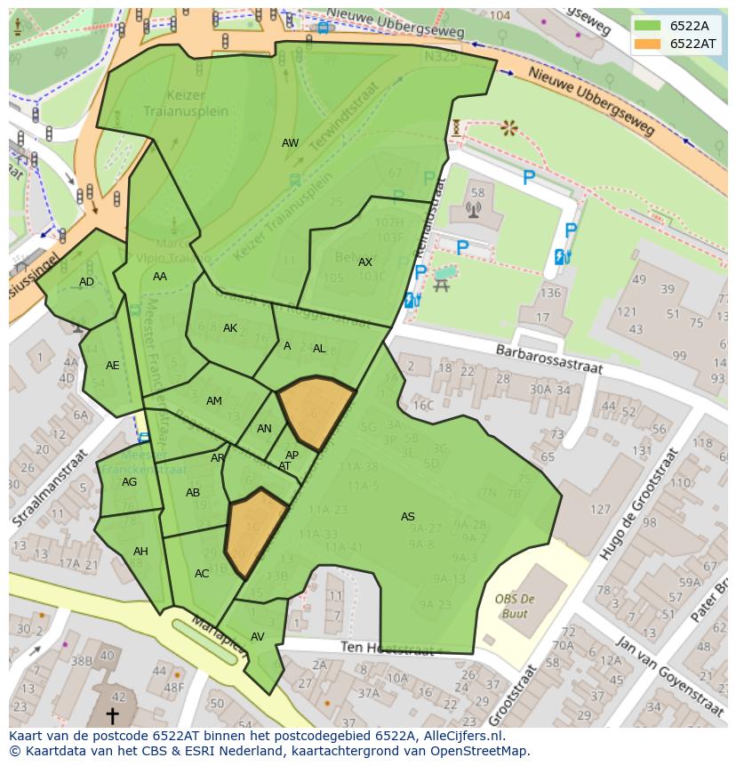 Afbeelding van het postcodegebied 6522 AT op de kaart.