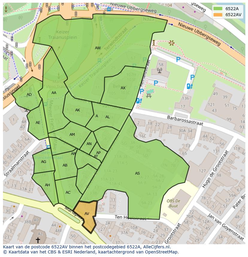 Afbeelding van het postcodegebied 6522 AV op de kaart.