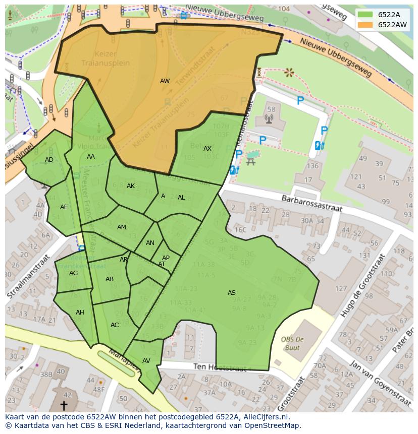 Afbeelding van het postcodegebied 6522 AW op de kaart.