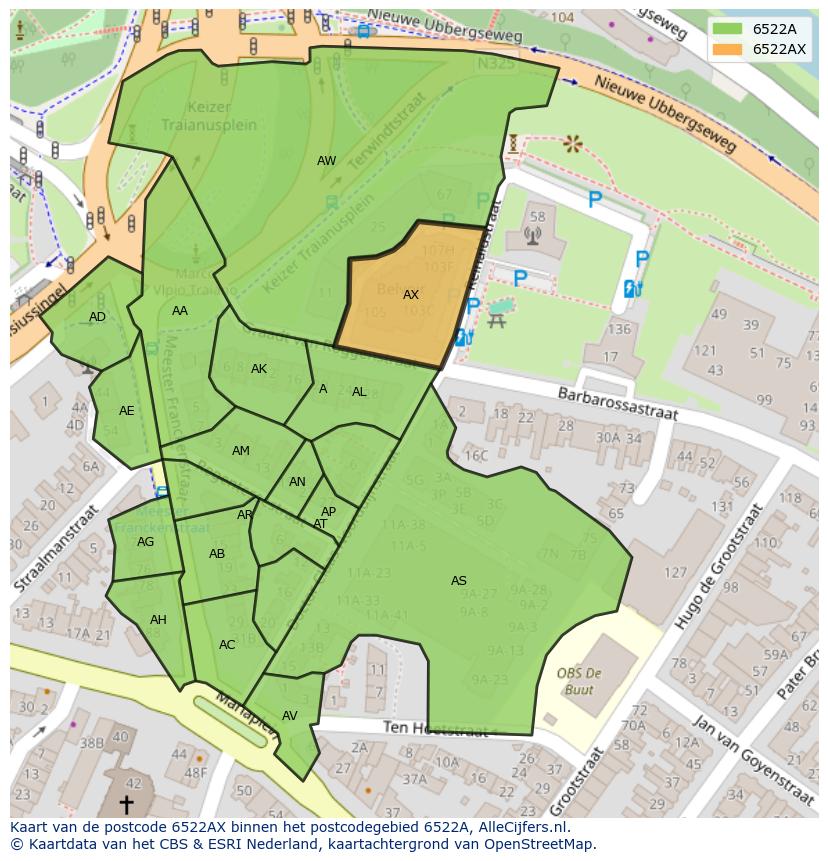 Afbeelding van het postcodegebied 6522 AX op de kaart.