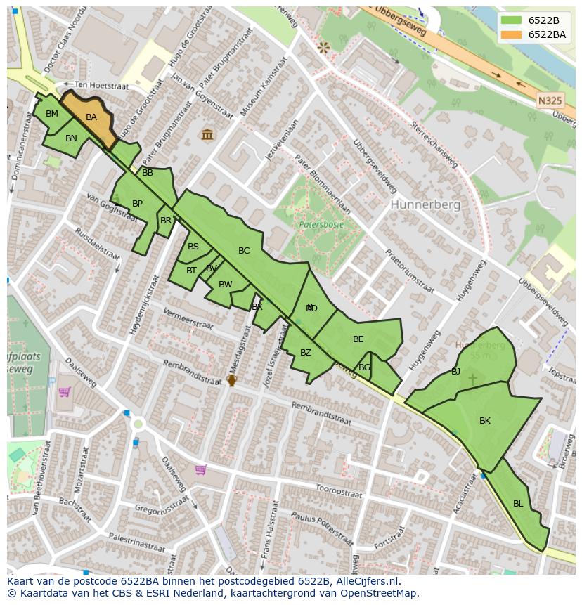 Afbeelding van het postcodegebied 6522 BA op de kaart.