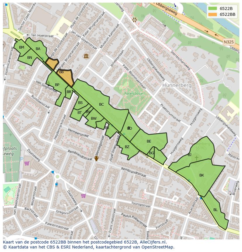 Afbeelding van het postcodegebied 6522 BB op de kaart.