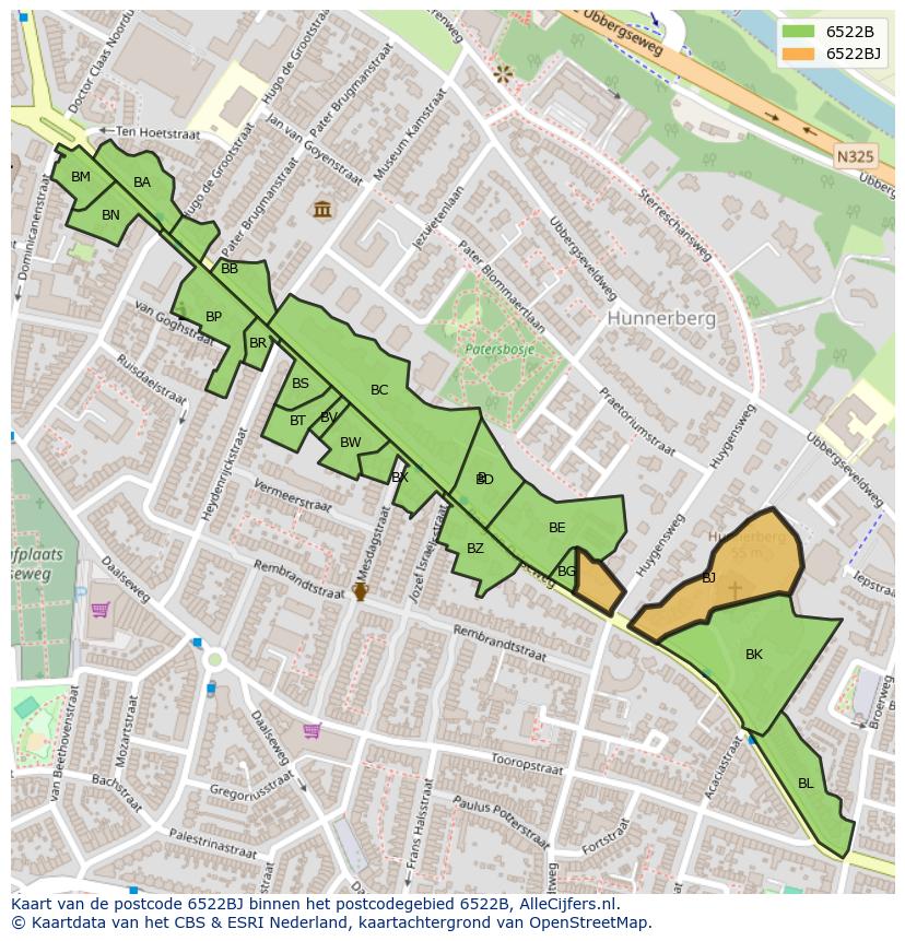 Afbeelding van het postcodegebied 6522 BJ op de kaart.