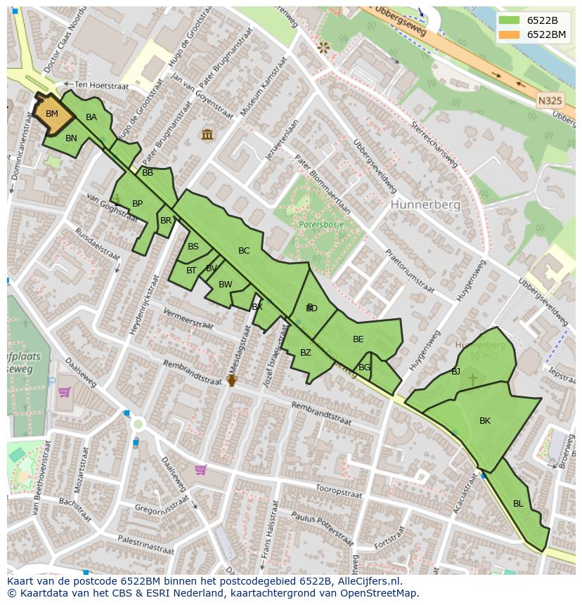 Afbeelding van het postcodegebied 6522 BM op de kaart.