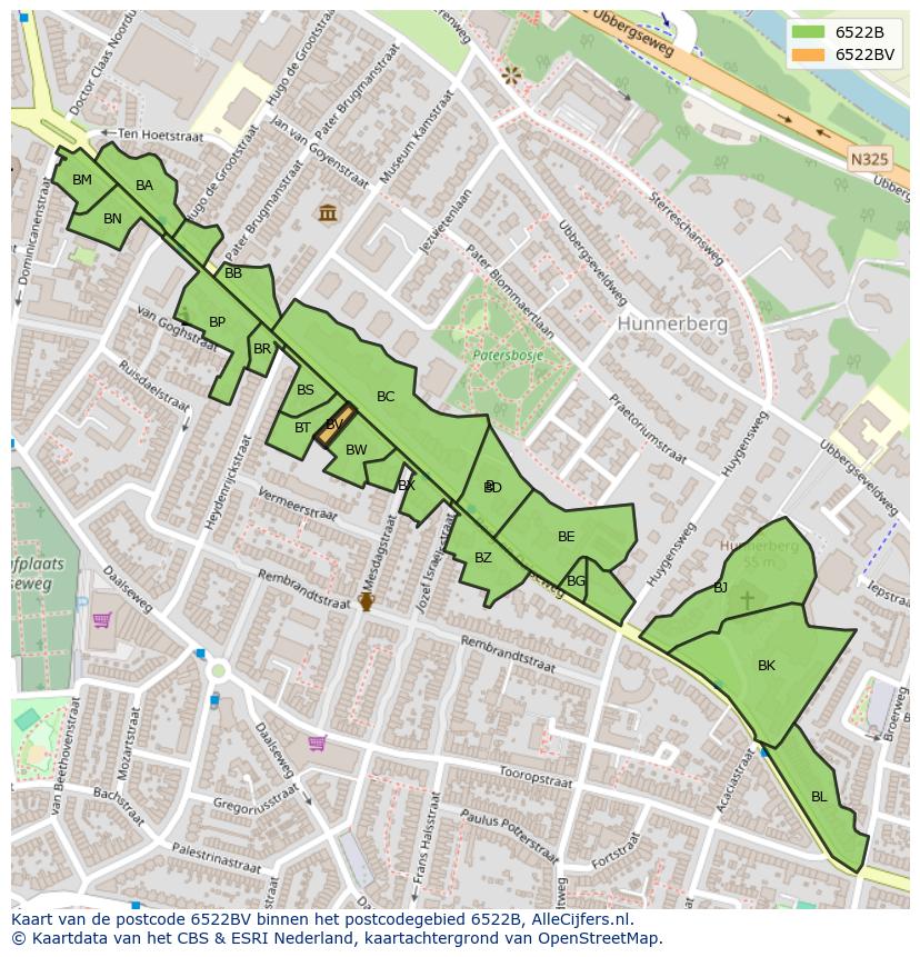 Afbeelding van het postcodegebied 6522 BV op de kaart.