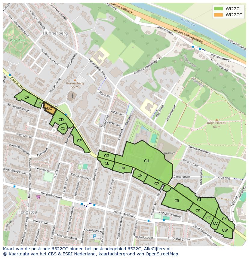 Afbeelding van het postcodegebied 6522 CC op de kaart.