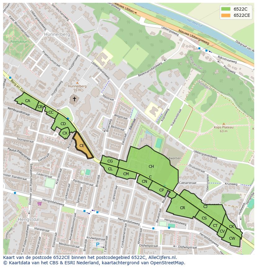 Afbeelding van het postcodegebied 6522 CE op de kaart.