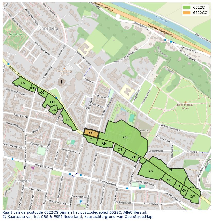 Afbeelding van het postcodegebied 6522 CG op de kaart.