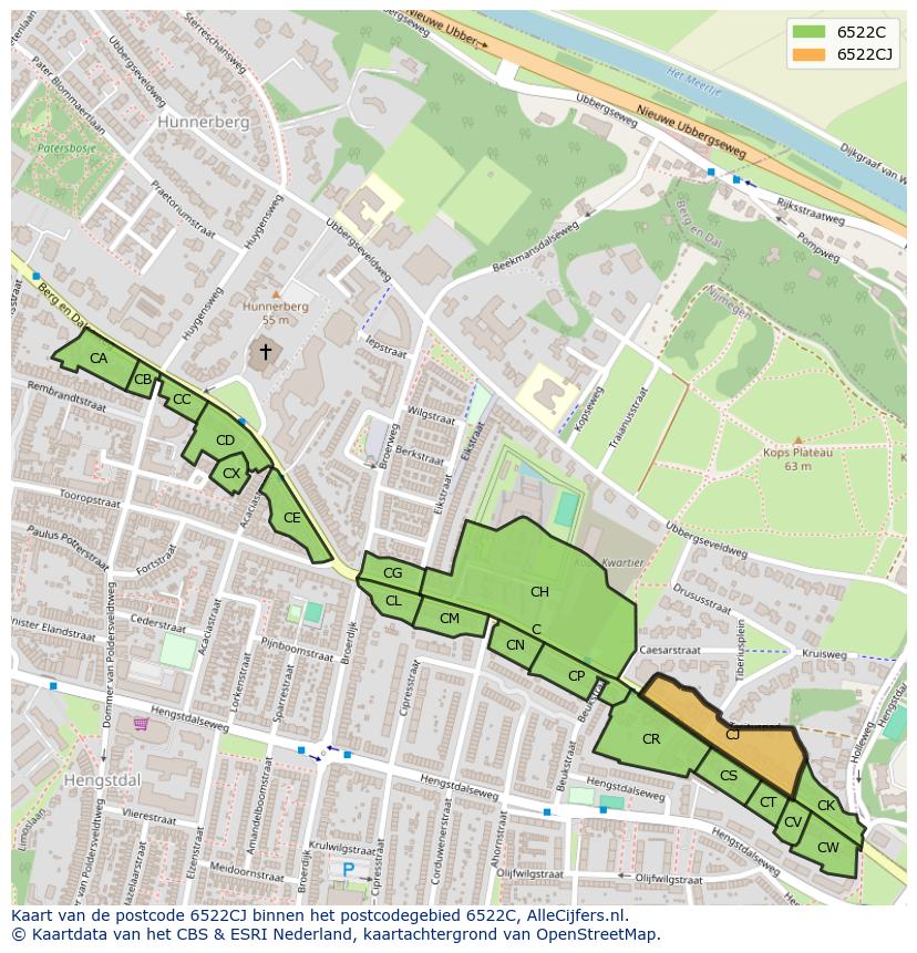 Afbeelding van het postcodegebied 6522 CJ op de kaart.