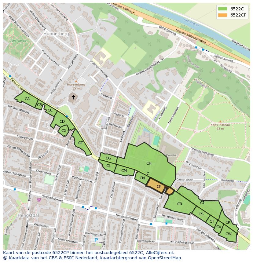 Afbeelding van het postcodegebied 6522 CP op de kaart.