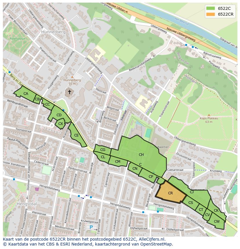 Afbeelding van het postcodegebied 6522 CR op de kaart.