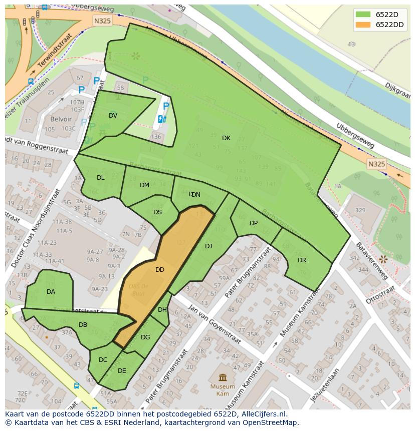Afbeelding van het postcodegebied 6522 DD op de kaart.