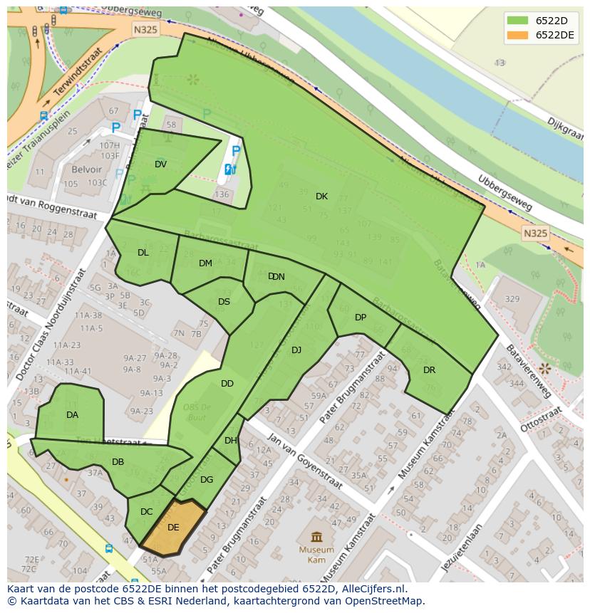 Afbeelding van het postcodegebied 6522 DE op de kaart.