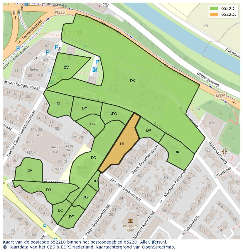 Afbeelding van het postcodegebied 6522 DJ op de kaart.