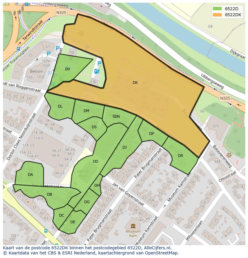 Afbeelding van het postcodegebied 6522 DK op de kaart.