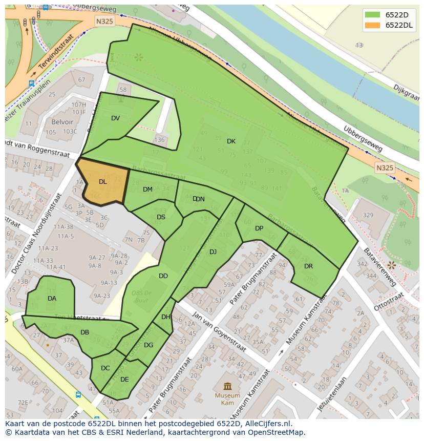 Afbeelding van het postcodegebied 6522 DL op de kaart.
