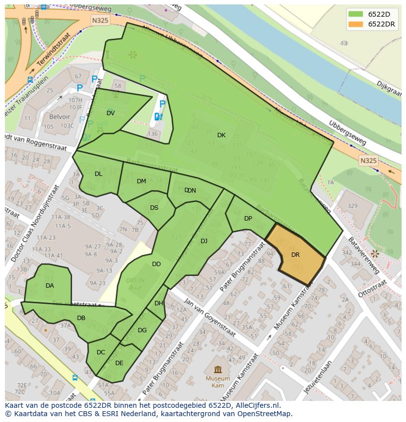 Afbeelding van het postcodegebied 6522 DR op de kaart.