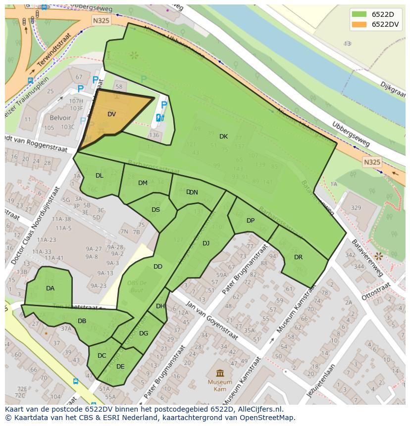 Afbeelding van het postcodegebied 6522 DV op de kaart.