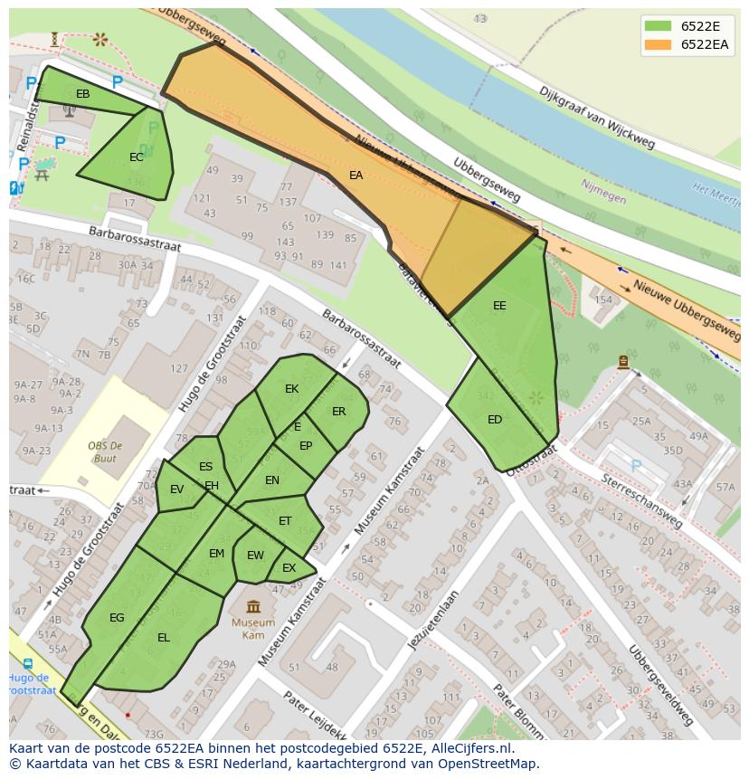 Afbeelding van het postcodegebied 6522 EA op de kaart.