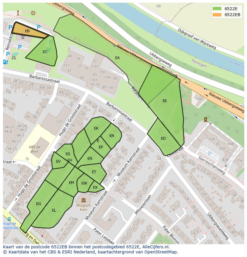 Afbeelding van het postcodegebied 6522 EB op de kaart.