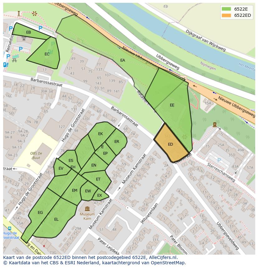 Afbeelding van het postcodegebied 6522 ED op de kaart.