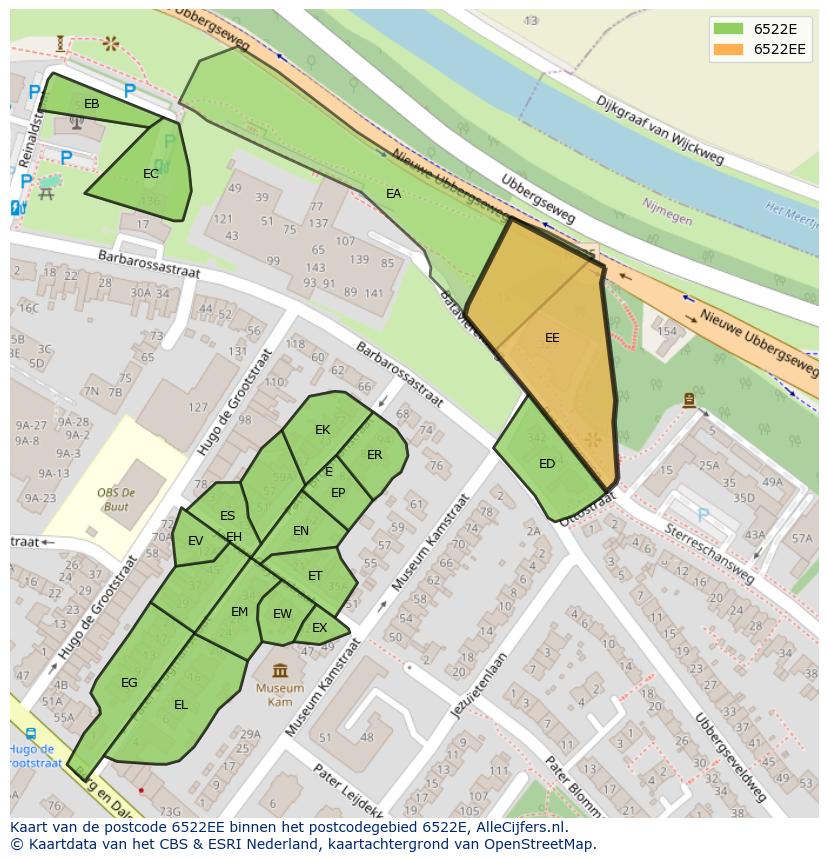 Afbeelding van het postcodegebied 6522 EE op de kaart.