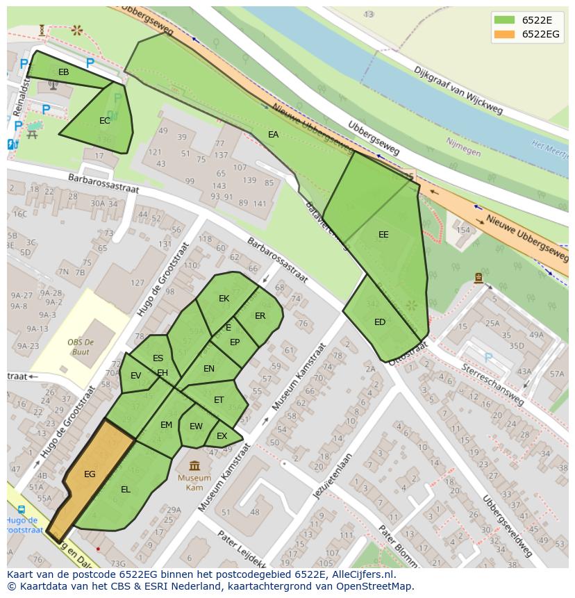Afbeelding van het postcodegebied 6522 EG op de kaart.