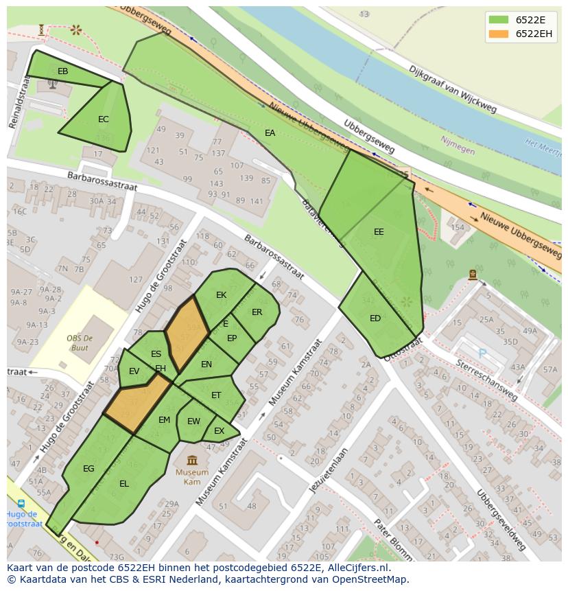 Afbeelding van het postcodegebied 6522 EH op de kaart.