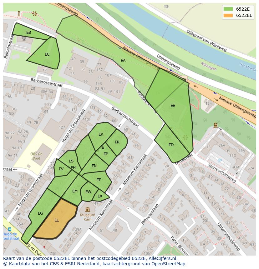 Afbeelding van het postcodegebied 6522 EL op de kaart.