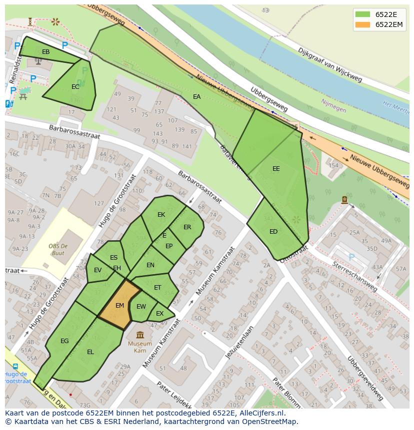 Afbeelding van het postcodegebied 6522 EM op de kaart.