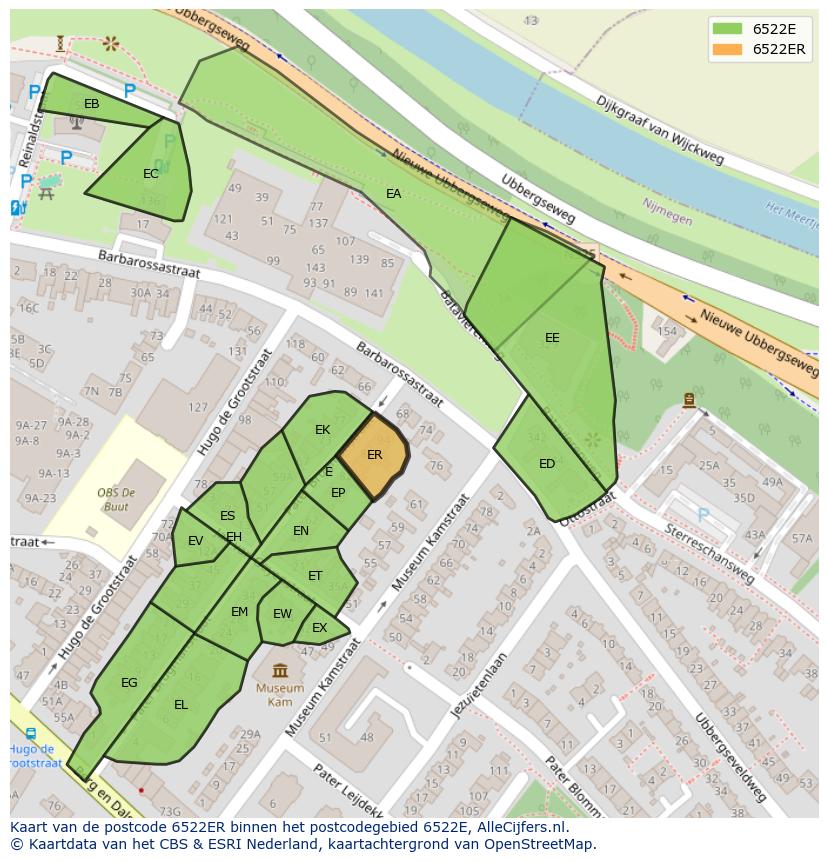 Afbeelding van het postcodegebied 6522 ER op de kaart.
