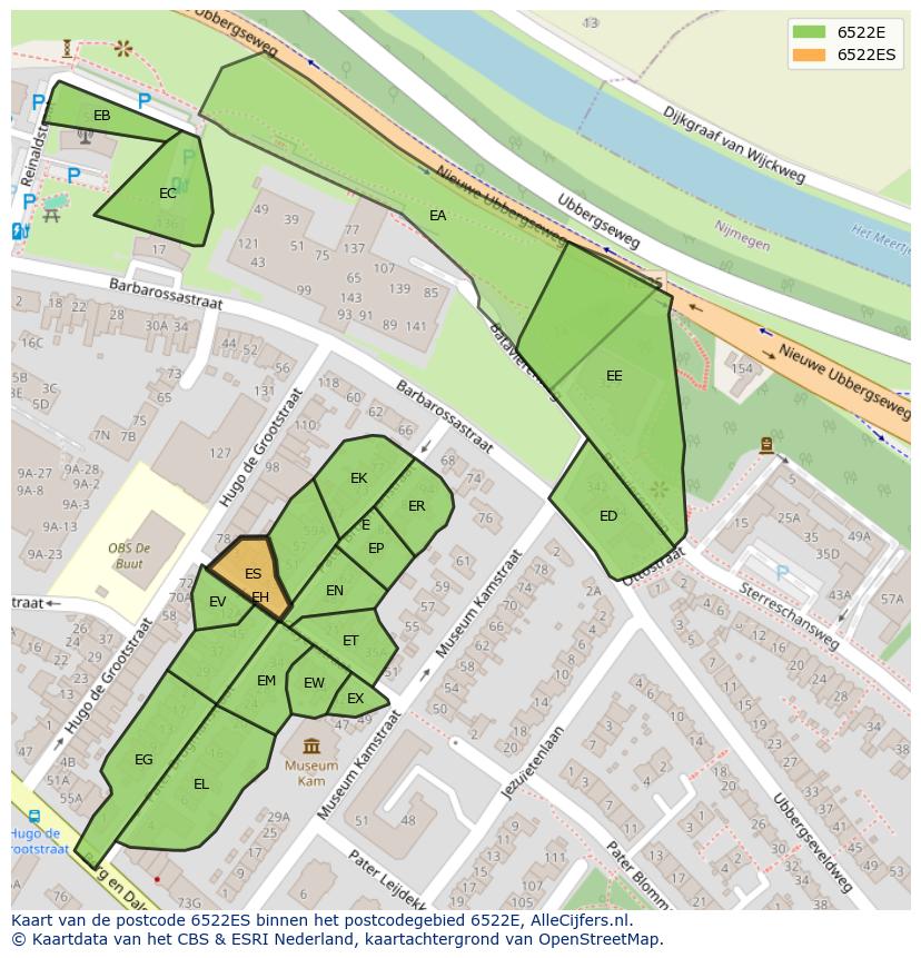 Afbeelding van het postcodegebied 6522 ES op de kaart.