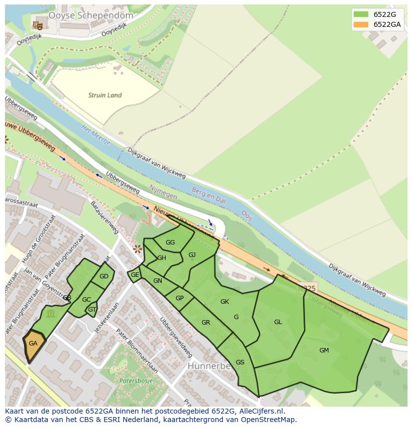 Afbeelding van het postcodegebied 6522 GA op de kaart.