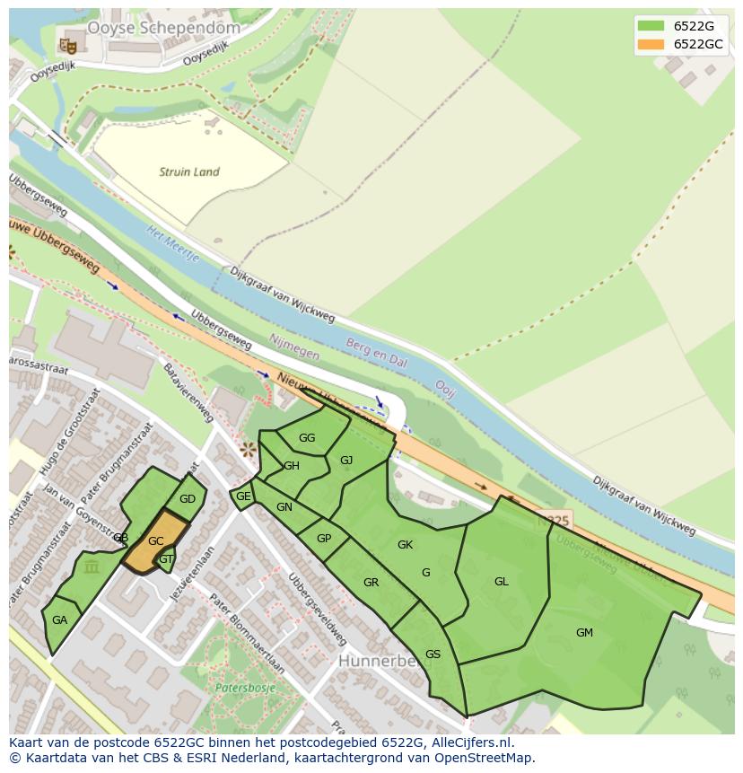 Afbeelding van het postcodegebied 6522 GC op de kaart.