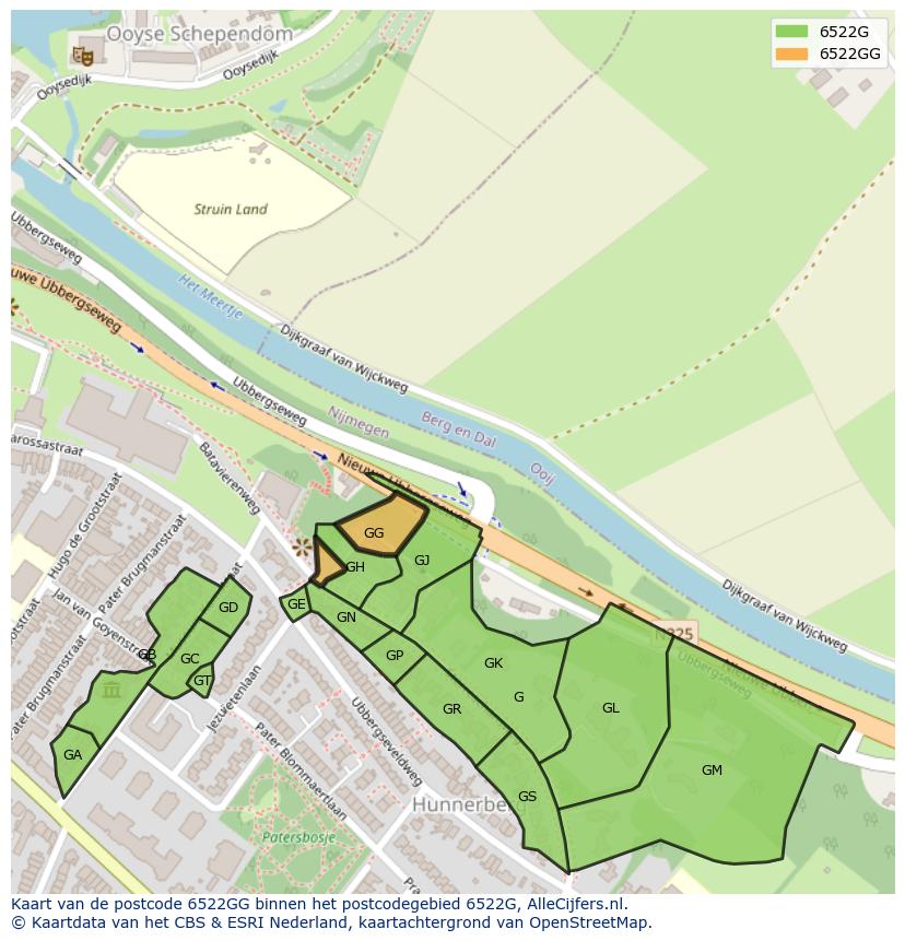 Afbeelding van het postcodegebied 6522 GG op de kaart.