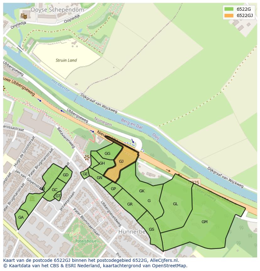 Afbeelding van het postcodegebied 6522 GJ op de kaart.