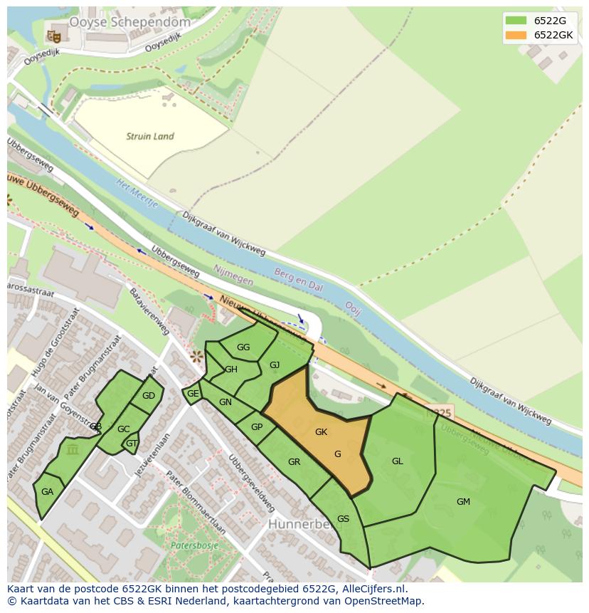 Afbeelding van het postcodegebied 6522 GK op de kaart.