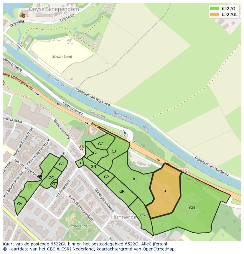 Afbeelding van het postcodegebied 6522 GL op de kaart.