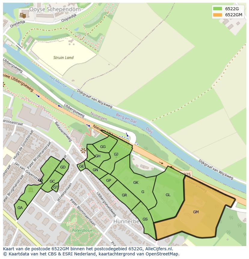 Afbeelding van het postcodegebied 6522 GM op de kaart.